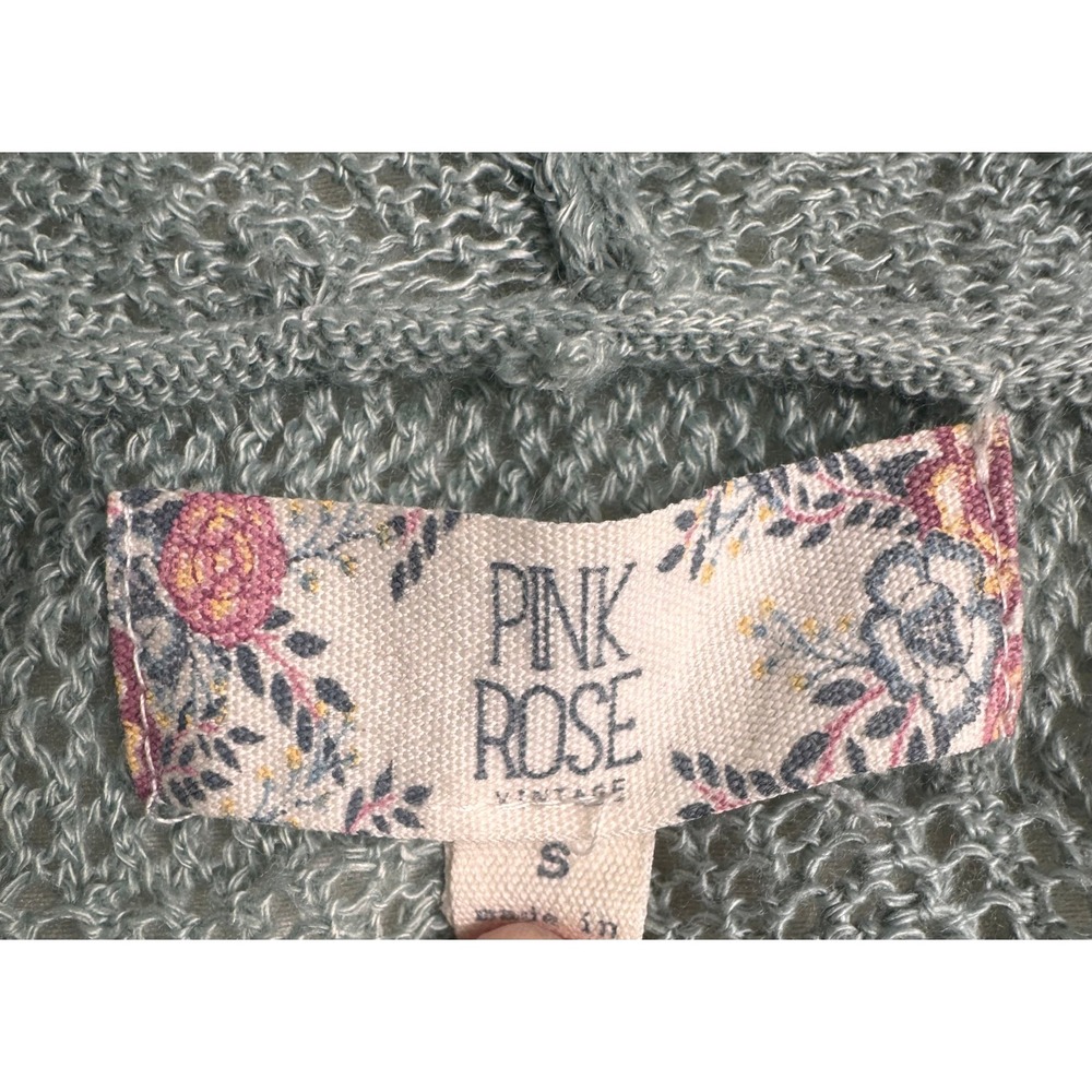Coastal Grandmother Vintage Sage Green Boho Pointelle Knit Hooded Cardigan Small - Picture 2 of 7